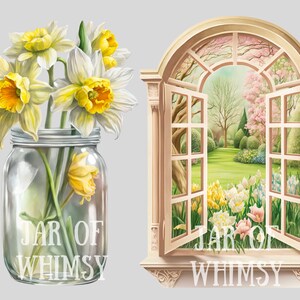 May include: A glass jar with a white label that says "Jar of Whimsy" filled with yellow daffodils. A window with an arched top and open panes looks out onto a garden with a path and trees. The window also has a white label that says "Jar of Whimsy".