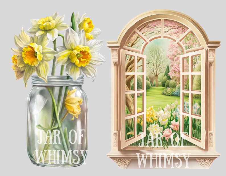 May include: A glass jar with a white label that says "Jar of Whimsy" filled with yellow daffodils. A window with an arched top and open panes looks out onto a garden with a path and trees. The window also has a white label that says "Jar of Whimsy".