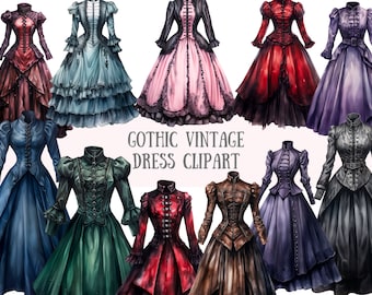 Watercolour Gothic Vintage Dress Clipart Victorian Fashion PNG Digital Image Downloads for Card Making Scrapbook Junk Journal Paper Crafts