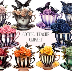 Aquarell Gothic Teetasse Teetasse Clipart Halloween Teeparty PNG digitales Bild Downloads für die Kartenherstellung Scrapbook Junk Journal Papierhandwerk