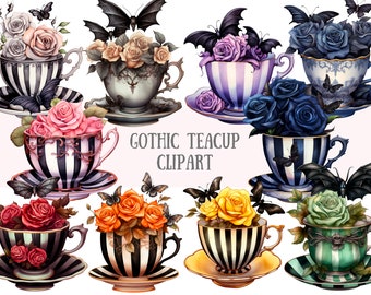 Watercolour Gothic Teacup Clipart Halloween Tea Party PNG Digital Image Downloads for Card Making Scrapbook Junk Journal Paper Crafts