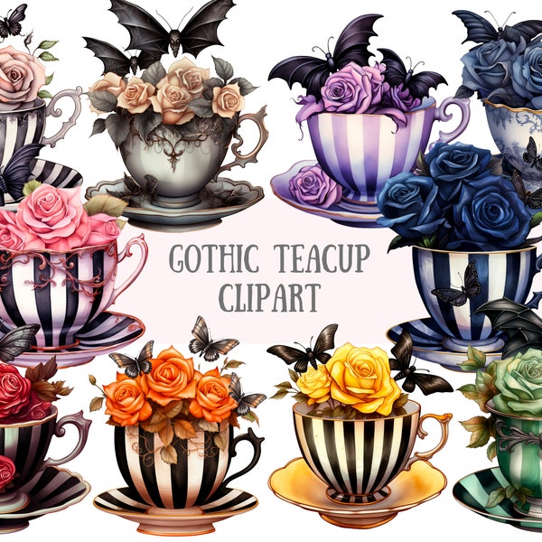 Watercolour Gothic Teacup Clipart Halloween Tea Party PNG Digital Image Downloads for Card Making Scrapbook Junk Journal Paper Crafts