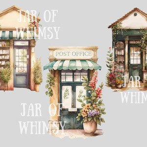 以下が含まれることがあります： 花柄のアクセントと「JAR OF WHIMSY」の文字が書かれた、魅力的な店のファサードを描いた水彩画のイラストが3つあります。ファサードは、緑色のひさしのある黄色の建物、緑色のひさしのある緑色の建物、緑色のひさしのある黄色の建物で、「POST OFFICE」の文字が書かれています。