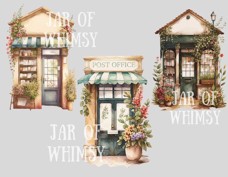 以下が含まれることがあります： 花柄のアクセントと「JAR OF WHIMSY」の文字が書かれた、魅力的な店のファサードを描いた水彩画のイラストが3つあります。ファサードは、緑色のひさしのある黄色の建物、緑色のひさしのある緑色の建物、緑色のひさしのある黄色の建物で、「POST OFFICE」の文字が書かれています。