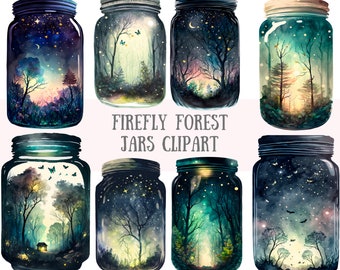 Watercolour Firefly Forest Jars Clipart Magic Fantasy PNG Digital Image Downloads for Card Making Scrapbook Junk Journal Paper Crafts