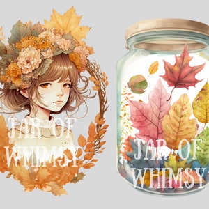 K&ouml;nnte beinhalten: Aquarellillustration einer Person mit Blumenkranz und einem Glas voller bunter Herbstbl&auml;tter. Der Text "JAR OF WHIMSY" ist sowohl auf der Person als auch auf dem Glas zu sehen. Die Farbpalette umfasst warme T&ouml;ne von Orange, Gelb und Rot.
