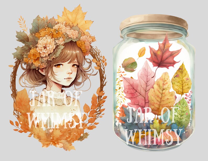 K&ouml;nnte beinhalten: Aquarellillustration einer Person mit Blumenkranz und einem Glas voller bunter Herbstbl&auml;tter. Der Text "JAR OF WHIMSY" ist sowohl auf der Person als auch auf dem Glas zu sehen. Die Farbpalette umfasst warme T&ouml;ne von Orange, Gelb und Rot.