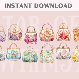 May include: Twelve vintage-style purses with floral designs and gold accents. The purses are arranged in two rows of six. The purses are all different colors and have different floral patterns.