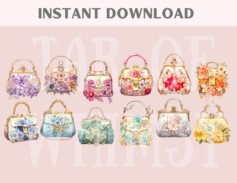 May include: Twelve vintage-style purses with floral designs and gold accents. The purses are arranged in two rows of six. The purses are all different colors and have different floral patterns.