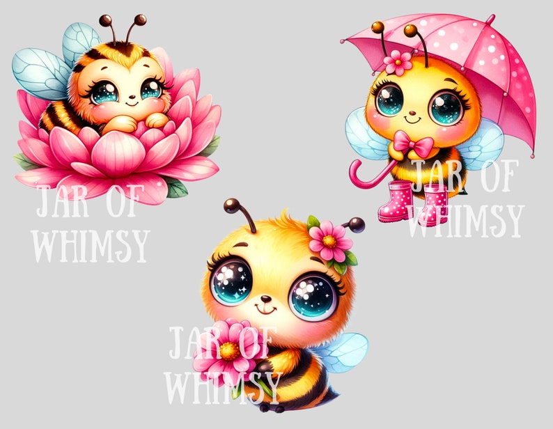 Peut inclure: Trois illustrations de abeilles de dessin anim&eacute; avec de grands yeux et des corps duveteux. La premi&egrave;re abeille est assise dans une fleur rose. La deuxi&egrave;me abeille tient un parapluie rose &agrave; pois blancs. La troisi&egrave;me abeille tient une fleur rose. Chaque abeille a le texte "JAR OF WHIMSY" en dessous.