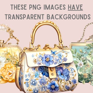 May include: Three ornate, floral-patterned handbags with gold accents. The handbags are decorated with delicate floral designs and have a vintage aesthetic.
