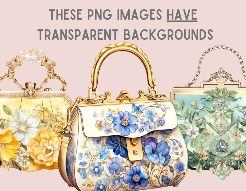 May include: Three ornate, floral-patterned handbags with gold accents. The handbags are decorated with delicate floral designs and have a vintage aesthetic.