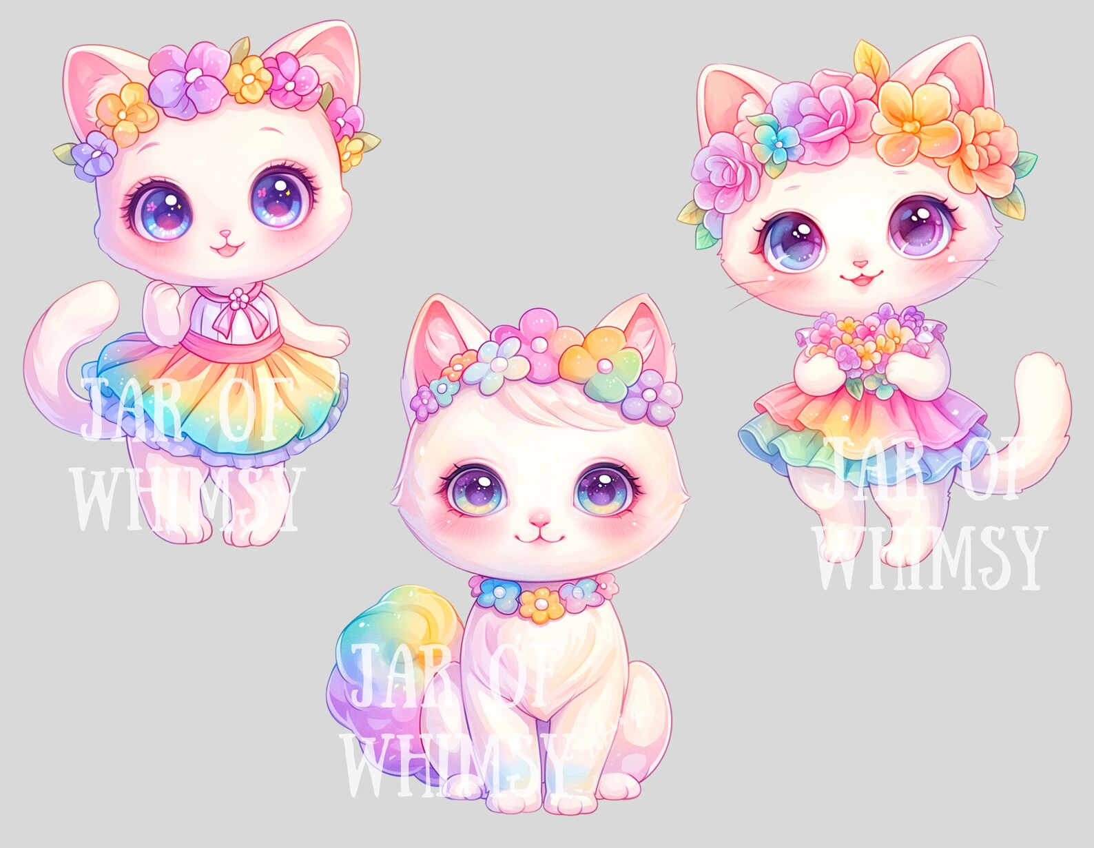 Watercolour Kawaii Spring Cat Clipart Cute Chibi Cat PNG Digital Image ...