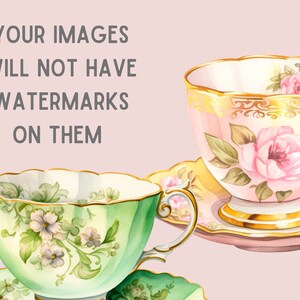 May include: Two teacups and saucers with floral patterns. The teacup on the left is green with white flowers and green leaves. The teacup on the right is pink with pink and white flowers and green leaves. Both teacups have gold trim.