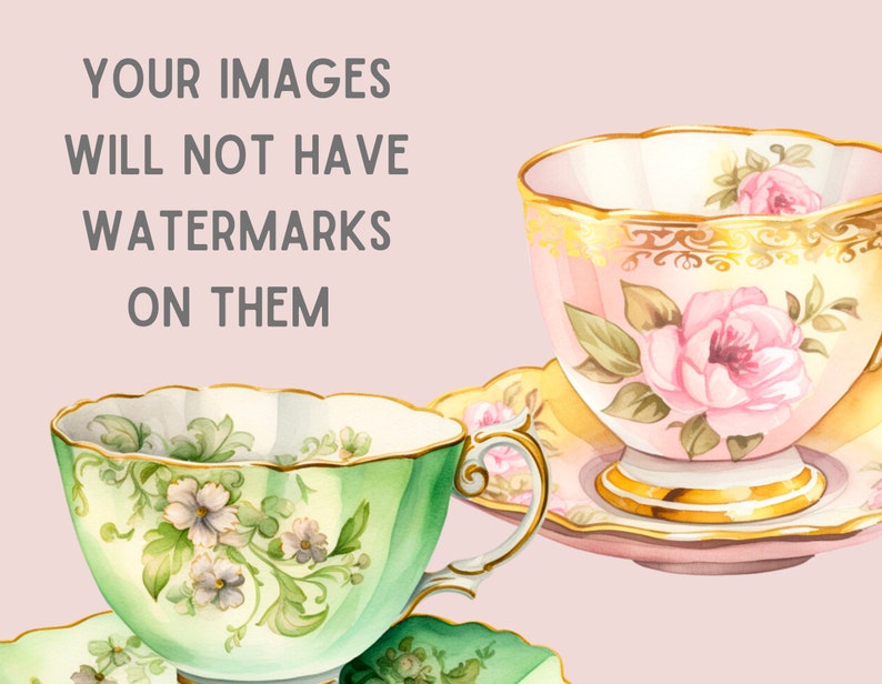 May include: Two teacups and saucers with floral patterns. The teacup on the left is green with white flowers and green leaves. The teacup on the right is pink with pink and white flowers and green leaves. Both teacups have gold trim.