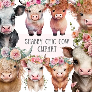 Watercolour Shabby Chic Cows Clipart Cute Highland Cow PNG Digital Image Downloads for Card Making Scrapbook Junk Journal Paper Crafts