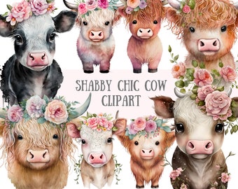 Aquarelle Shabby Chic vaches Clipart mignon Highland vache PNG Image numérique téléchargements pour la fabrication de cartes Scrapbook Junk Journal papier artisanat