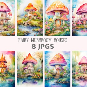 Aquarelle fée champignon Clipart fantastique champignon vénéneux JPG téléchargements d'images numériques pour la fabrication de cartes scrapbooking journal indésirable artisanat en papier