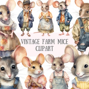 Vintage aquarelle ferme souris Clipart ferme souris PNG Image numérique à télécharger pour la fabrication de cartes Scrapbook Junk Journal travaux manuels en papier