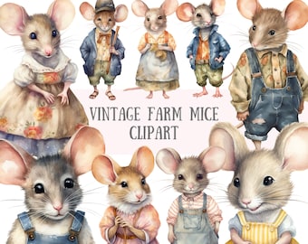 Watercolour Vintage Farm Mice Clipart Farm Mouse PNG Digital Image Downloads for Card Making Scrapbook Junk Journal Paper Crafts