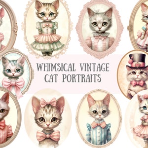 Aquarelle lunatique vintage chat Clipart PNG Image numérique à télécharger pour la fabrication de cartes Scrapbook Junk Journal travaux manuels en papier