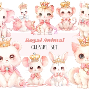 Aquarelle Royal Animal Clipart Kawaii rose princesse animaux PNG Image numérique à télécharger pour la fabrication de cartes, scrapbooking, journal indésirable, créations en papier