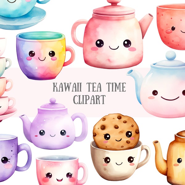 Watercolour Kawaii Tea Time Clipart Cute Teacup Teapot PNG Digital Image Downloads for Card Making Scrapbook Junk Journal Paper Crafts