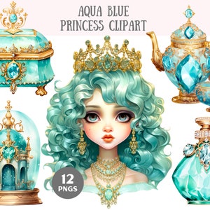 Acquerello Aqua Blue Princess Clipart Fantasy Illustration PNG Download di immagini digitali per la realizzazione di cartoline Scrapbook Junk Journal Paper Crafts
