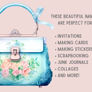 May include: A light blue vintage-style handbag with a floral design and a silver clasp. The bag has a delicate floral pattern with pink and white roses. The bag is perfect for crafting projects like invitations, cards, and scrapbooking.