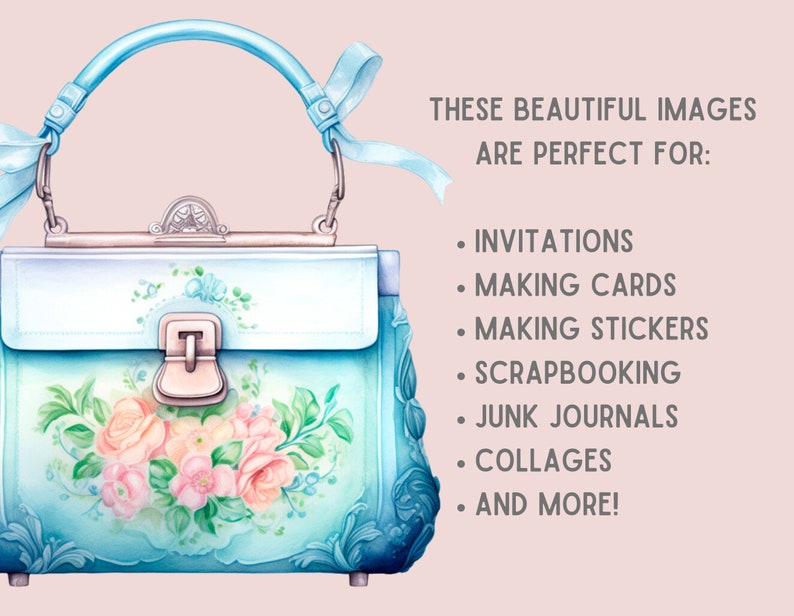 May include: A light blue vintage-style handbag with a floral design and a silver clasp. The bag has a delicate floral pattern with pink and white roses. The bag is perfect for crafting projects like invitations, cards, and scrapbooking.