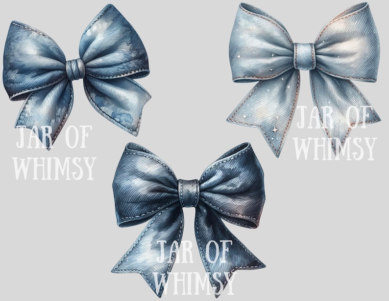K&ouml;nnte beinhalten: Drei Aquarell-Illustrationen von blauen Schleifen mit dem Text "JAR OF WHIMSY" in Wei&szlig;.