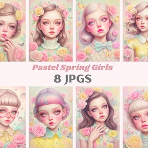 Aquarelle pastel printemps fille Clipart belle fille Art JPG téléchargements d'images numériques pour la fabrication de cartes scrapbooking journal indésirable artisanat en papier