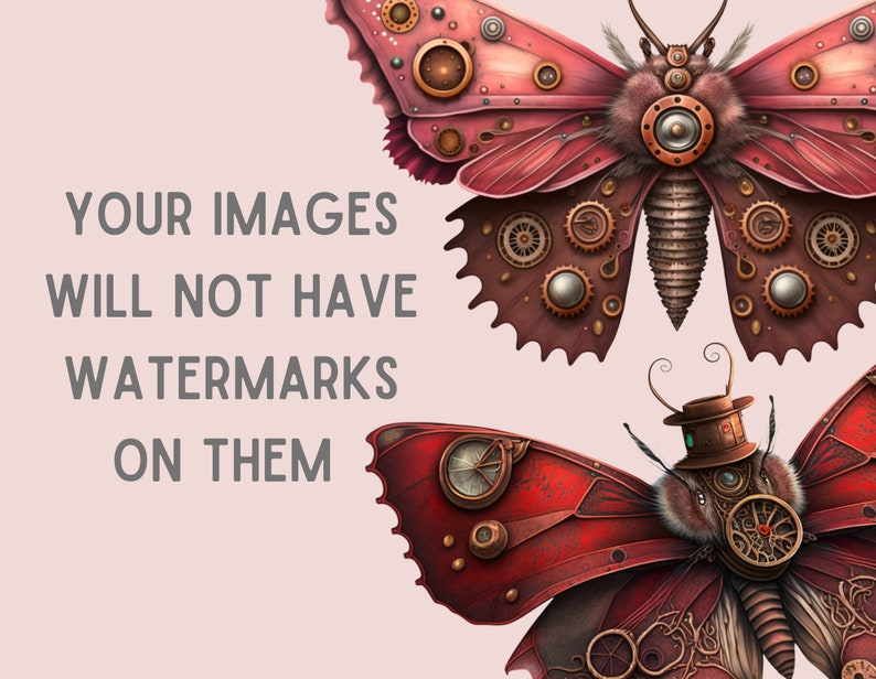 May include: Two steampunk-style butterflies with intricate gears and cogs. The top butterfly is pink with a furry body, while the bottom butterfly is red with a black hat.