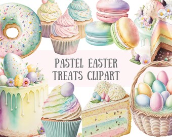 Acuarela Pastel Easter Treats Clipart - Huevos de Pascua PNG Descargas de imágenes digitales para la fabricación de tarjetas, álbumes de recortes, diario basura, artesanías de papel