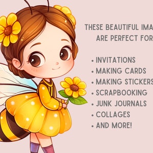 May include: A digital illustration of a cute cartoon bee girl with brown hair, wearing a yellow and black dress with white polka dots, holding a yellow sunflower. The bee girl has wings and a bee stinger. The background is a light pink color.