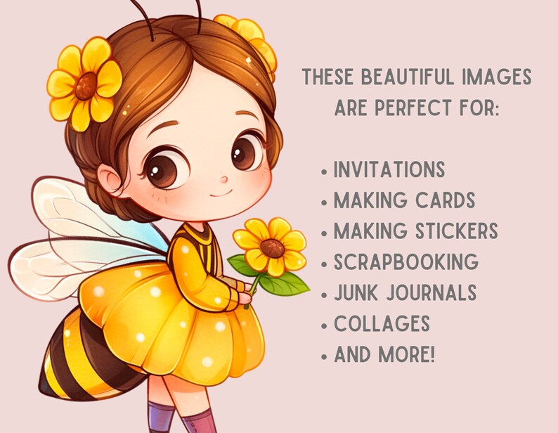 May include: A digital illustration of a cute cartoon bee girl with brown hair, wearing a yellow and black dress with white polka dots, holding a yellow sunflower. The bee girl has wings and a bee stinger. The background is a light pink color.