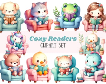 Puede incluir: Un conjunto de 10 imágenes de clipart digital que presentan varios animales leyendo libros en sillones acogedores. Los animales incluyen un perro, un gato, una rana, una niña, un unicornio, un pato, un pollito, un gato, un dinosaurio y un oso. El clipart es perfecto para crear libros infantiles, materiales educativos u otros proyectos creativos.