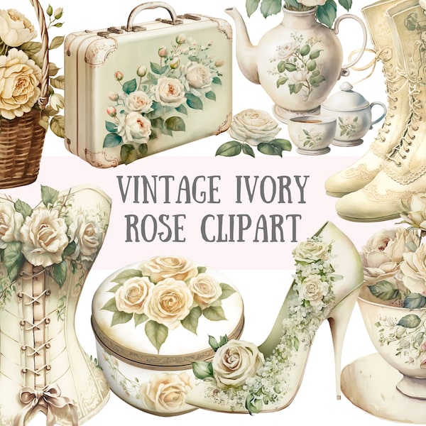 Watercolour Vintage Ivory Rose Clipart - Vintage Wedding PNG Digital Image Downloads for Card Making, Scrapbook, Junk Journal, Paper Crafts