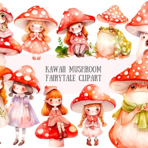 Aquarela Kawaii Cogumelo Conto de Fadas Clipart Vermelho e Branco PNG Download de imagem digital para fazer cartões Scrapbook Junk Journal Paper Craft