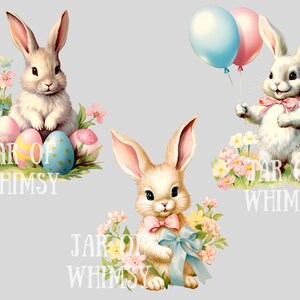 Puede incluir: Tres conejos de Pascua blancos con lazos rosas y azules. El conejo de la izquierda est&aacute; rodeado de huevos de Pascua coloridos y flores. El conejo del medio sostiene un globo azul y rosa. El conejo de la derecha sostiene un lazo rosa. Cada conejo tiene el texto "Jar of Whimsy" debajo.