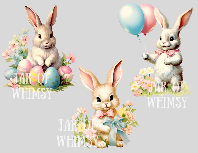 Puede incluir: Tres conejos de Pascua blancos con lazos rosas y azules. El conejo de la izquierda est&aacute; rodeado de huevos de Pascua coloridos y flores. El conejo del medio sostiene un globo azul y rosa. El conejo de la derecha sostiene un lazo rosa. Cada conejo tiene el texto "Jar of Whimsy" debajo.