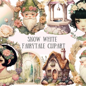 Clipart de conte de fées de blanche-neige aquarelle - téléchargements d'images numériques PNG fantastique pour la fabrication de cartes, scrapbooking, journal indésirable, travaux manuels en papier