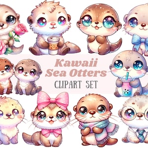 Acquerello Kawaii Sea Otter Clipart Carino cucciolo di lontra di mare PNG Immagine digitale da scaricare per la creazione di biglietti Scrapbook Junk Journal Paper Crafts