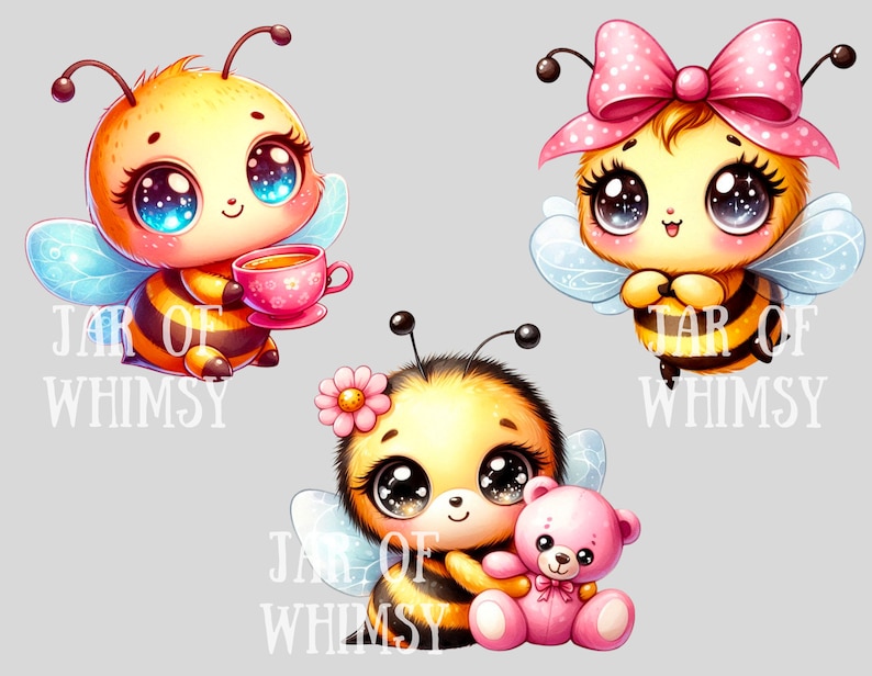 Peut inclure: Trois illustrations de cartoon d'abeilles avec de grands yeux et des ailes. La premi&egrave;re abeille tient une tasse de th&eacute; et a le texte "Jar of Whimsy" en dessous. La deuxi&egrave;me abeille porte un n&oelig;ud rose et a le texte "Jar of Whimsy" en dessous. La troisi&egrave;me abeille tient un ours en peluche rose et a le texte "Jar of Whimsy" en dessous.