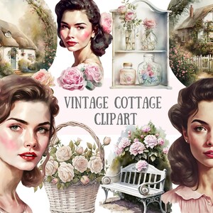 Akwarela Vintage Cottage Clipart Vintage Lady PNG Pobieranie obrazów cyfrowych do tworzenia kartek Scrapbook Junk Journal Paper Crafts