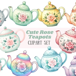 Aquarell niedlich Rose Teekanne Clipart kleine Mädchen Tee Party PNG digitale Bild-Download für die Kartenherstellung Scrapbook Junk Journal Papierhandwerk