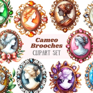 May include: Set of ten watercolour cameo brooches with ornate gold, silver, and jeweled frames. Each brooch features a profile portrait of a woman with a different coloured background.