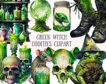 Watercolour Green Witch Oddities Clipart Gothic Halloween Fantasy PNG Digital Image Downloads for Card Making Scrapbook Junk Journal Crafts