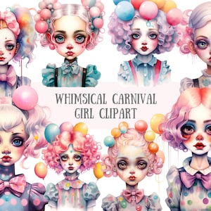Aquarela extravagante carnaval menina clipart palhaço de circo downloads de imagens digitais PNG para fazer cartões scrapbook lixo diário artesanato em papel