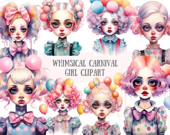 Acquerello Whimsical Carnival Girl Clipart Circus Clown Download di immagini digitali PNG per la creazione di carte Scrapbook Junk Journal Mestieri di carta
